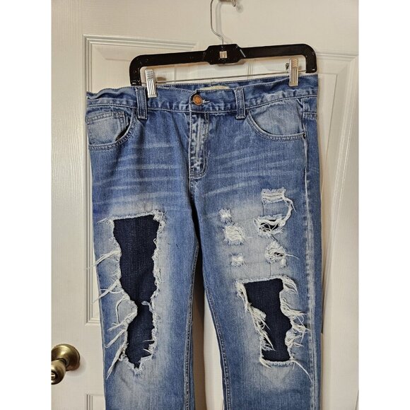 Decibel Distressed And Patches Straight Leg Mens Blue Jeans Size 34x32 - Picture 2 of 10